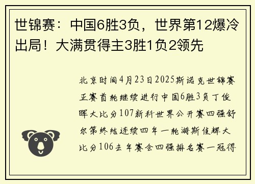 世锦赛：中国6胜3负，世界第12爆冷出局！大满贯得主3胜1负2领先