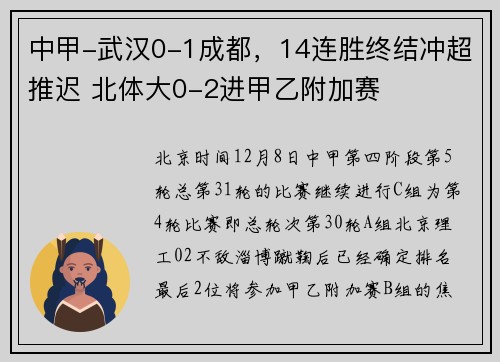 中甲-武汉0-1成都，14连胜终结冲超推迟 北体大0-2进甲乙附加赛