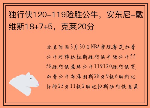 独行侠120-119险胜公牛，安东尼-戴维斯18+7+5，克莱20分